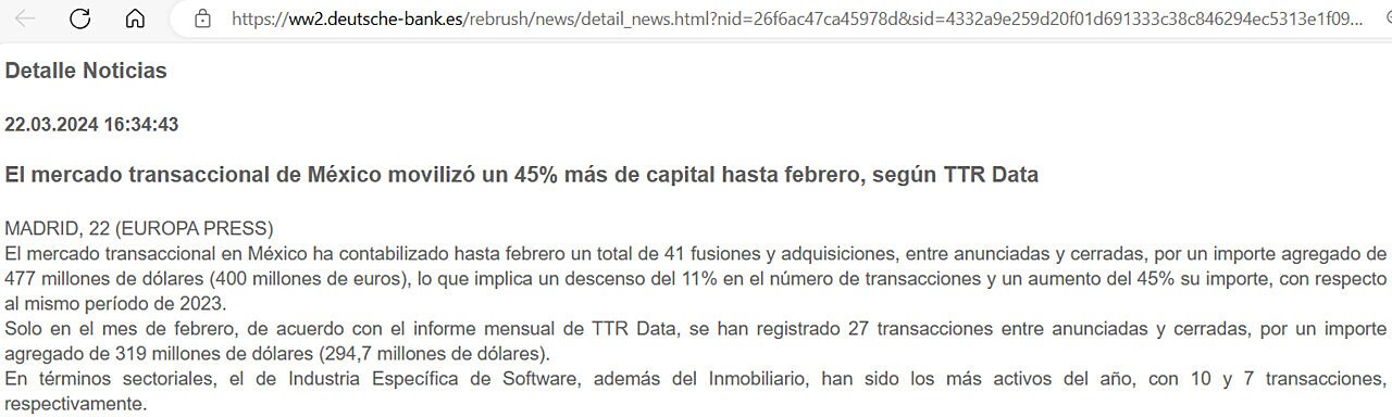 El mercado transaccional de Mxico moviliz un 45% ms de capital hasta febrero, segn TTR Data